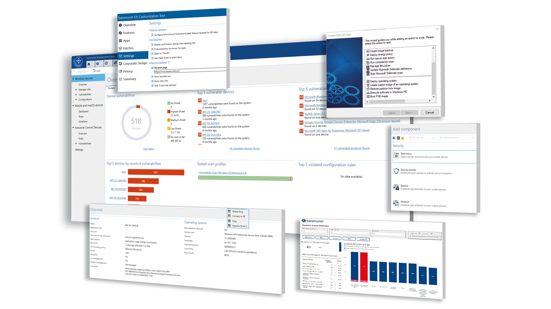Produktgrafik der baramundi Management Suite für IT-Management mit Dashboards sowie Sicherheits- und Geräteeinstellungen