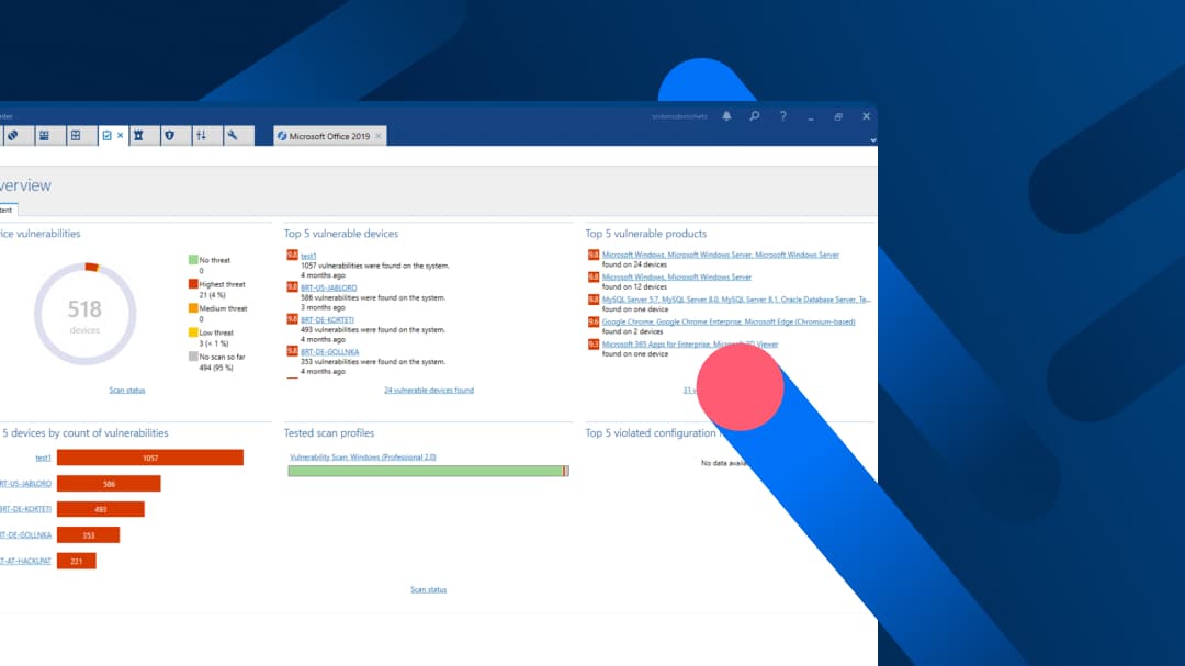 Dashboard der baramundi Management Suite mit Übersicht zu Geräte- und Produktschwachstellen