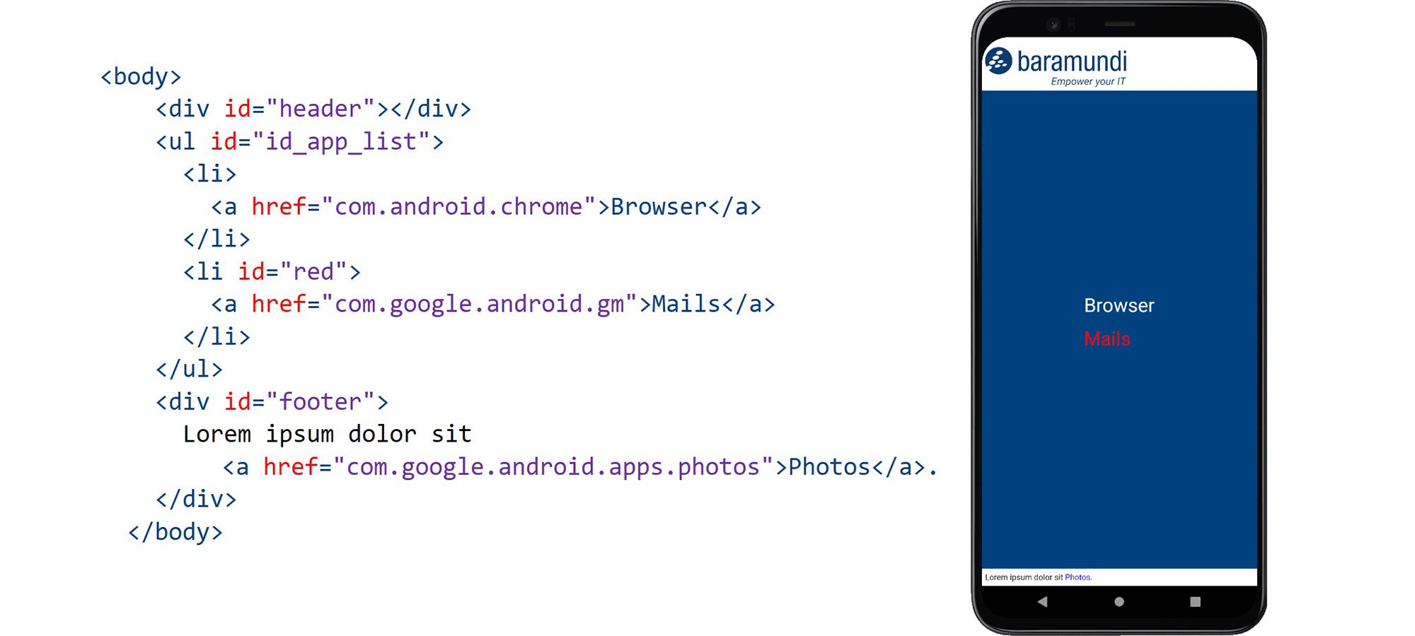 Ein HTML Code mit Links zu Apps und rechts daneben ein Smartphone-Mockup von baramundi auf dem "Browser" und "Mails" angezeigt wird