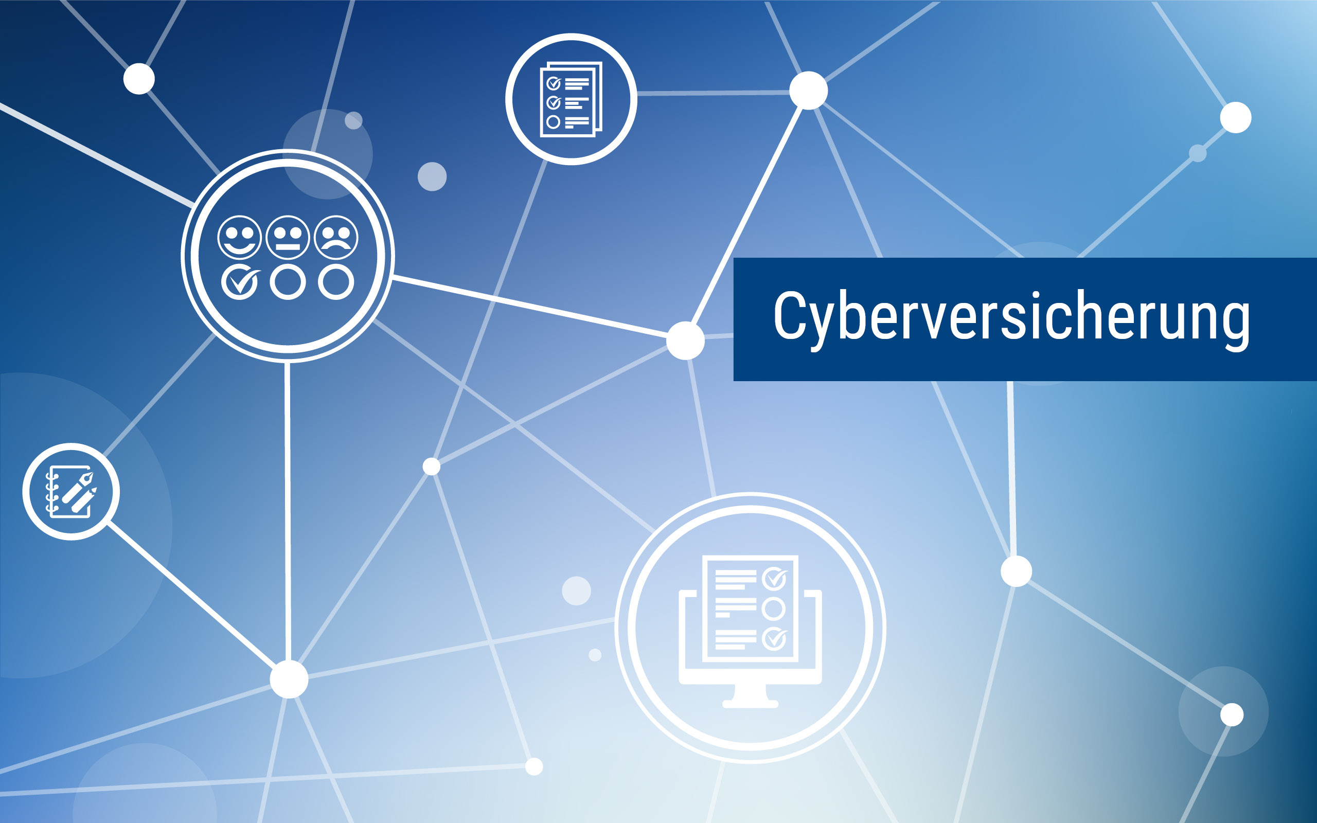 Schriftzug Cyberversicherung mit vernetzten Symbolen