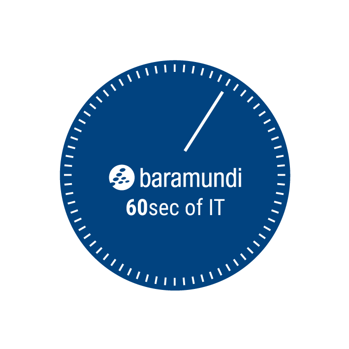 Eine blaue Stoppuhr mit der Aufschrift „baramundi 60sec of IT“