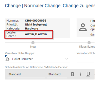 Ein Screenshot des Ticket-Systems zeigt die Bearbeitung eines Hardware-Änderungstickets durch einen Admin