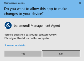Das baramundi Management Agent-Popup in englischer Sprache zeigt eine Benutzerkontensteuerungsaufforderung, die fragt, ob die Anwendung Änderungen am Gerät vornehmen darf