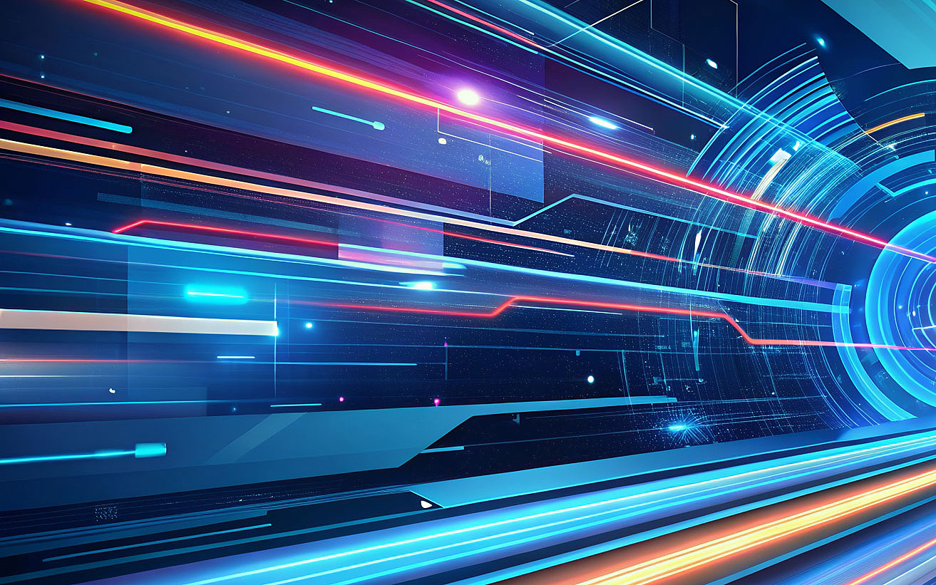 Racing towards a digital dawn: vibrant streaks of light illuminate a futuristic cityscape at night, a journey into technological innovation.