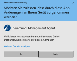 Das baramundi Management Agent-Popup zeigt eine Benutzerkontensteuerungsaufforderung, die fragt, ob die Anwendung Änderungen am Gerät vornehmen darf